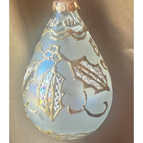 Blown Glass Frosted Teardrop Ornament With Gold Glitter Accents Iridescent Glass - Picture 1 of 5
